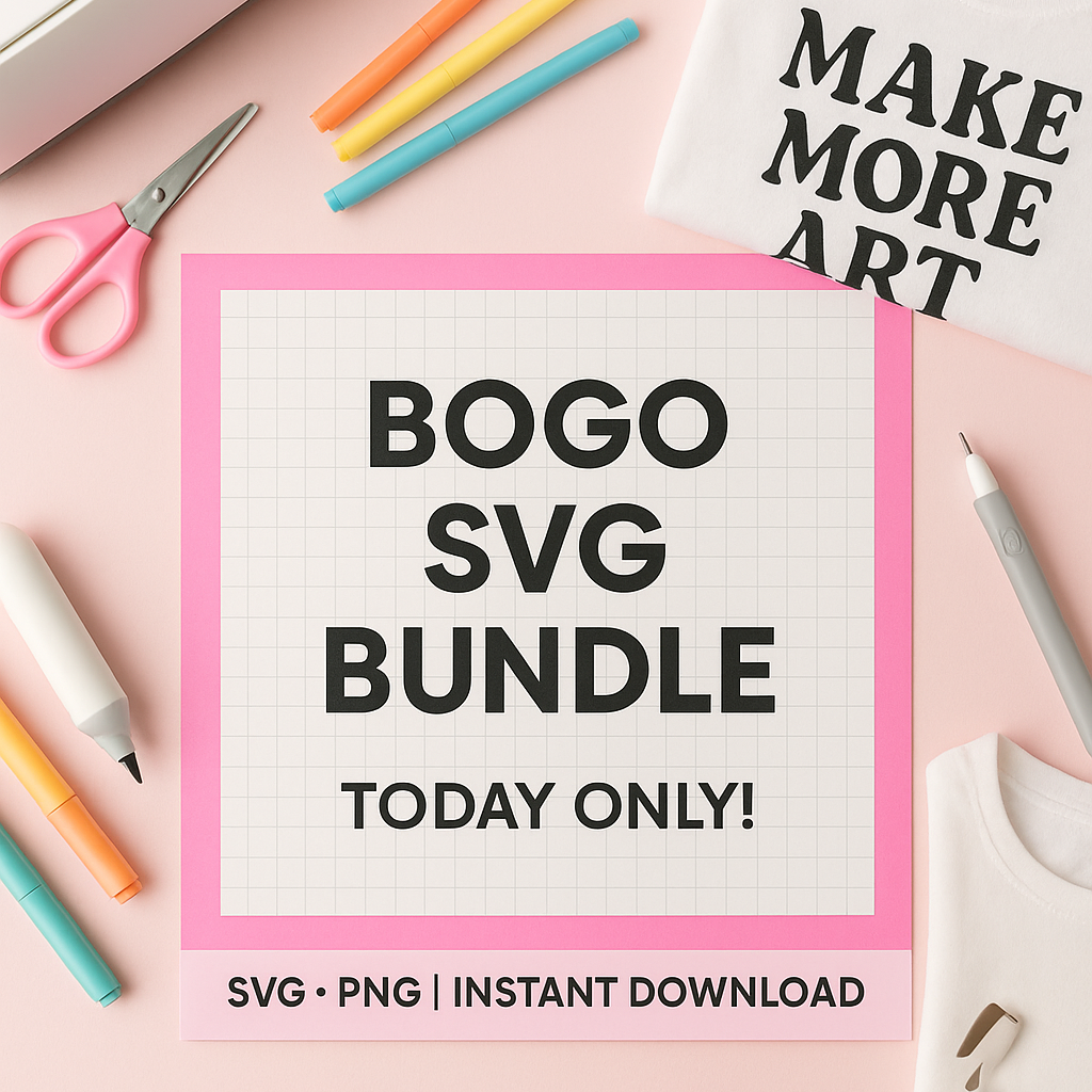 Promotional graphic for BOGO SVG Bundle with crafting items on a pink background